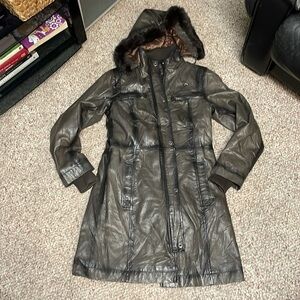 Danier Green/Grey Leather Jacket with Hood